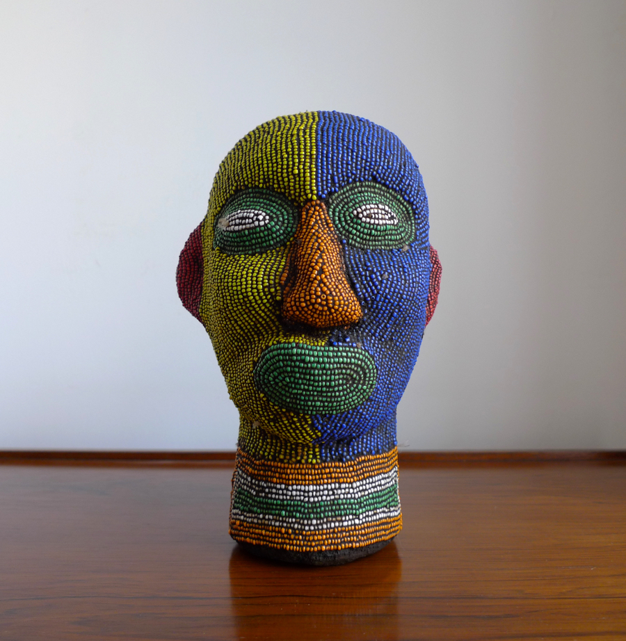 Vintage African Terracotta Beaded Head Sculpture, Bamileke, Cameroon