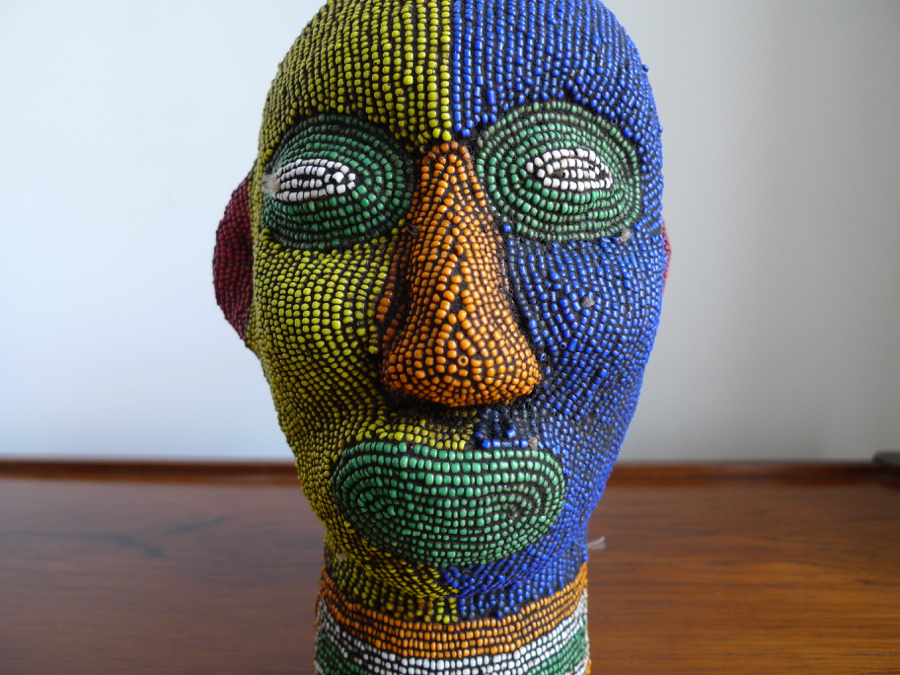 Vintage African Terracotta Beaded Head Sculpture, Bamileke, Cameroon
