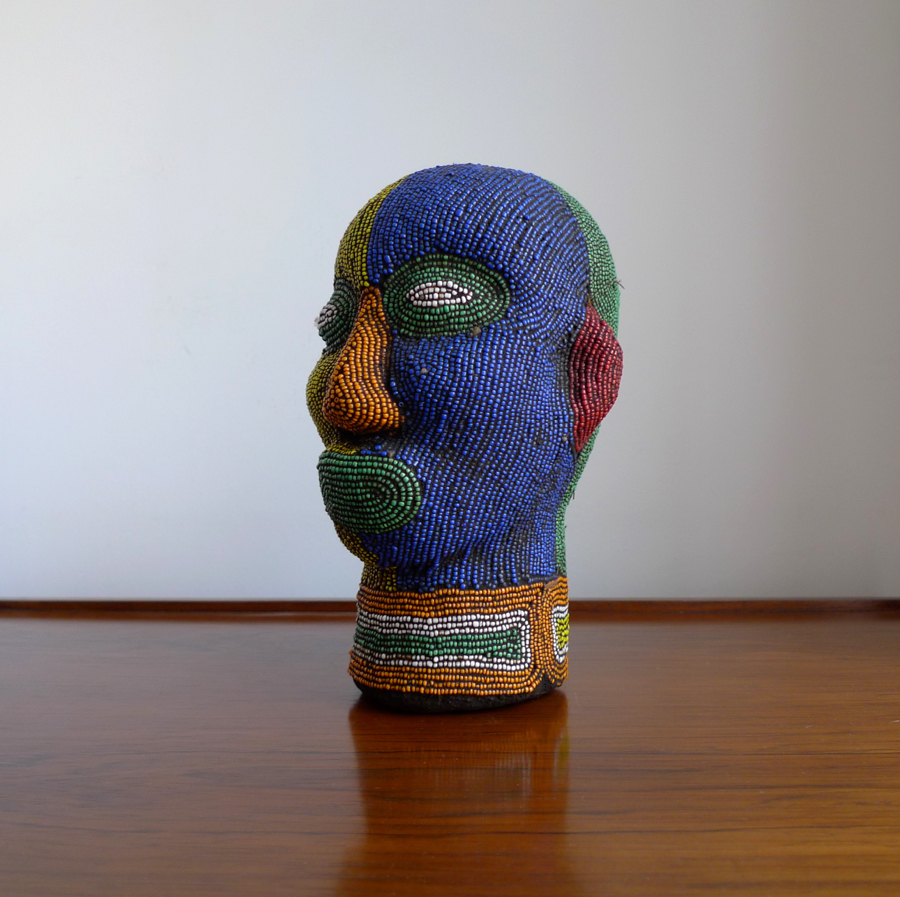 Vintage African Terracotta Beaded Head Sculpture, Bamileke, Cameroon