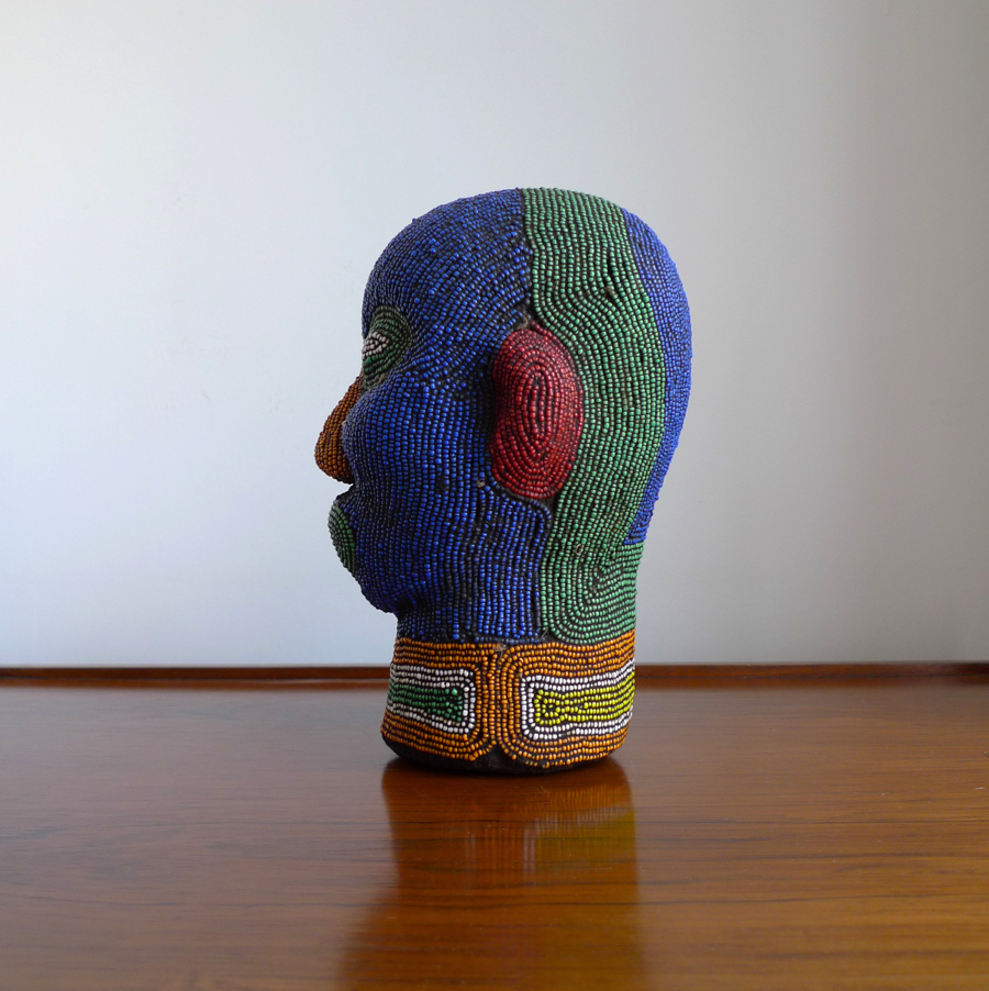 Vintage African Terracotta Beaded Head Sculpture, Bamileke, Cameroon