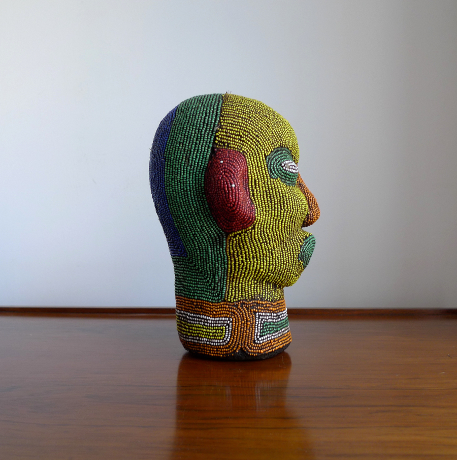 Vintage African Terracotta Beaded Head Sculpture, Bamileke, Cameroon