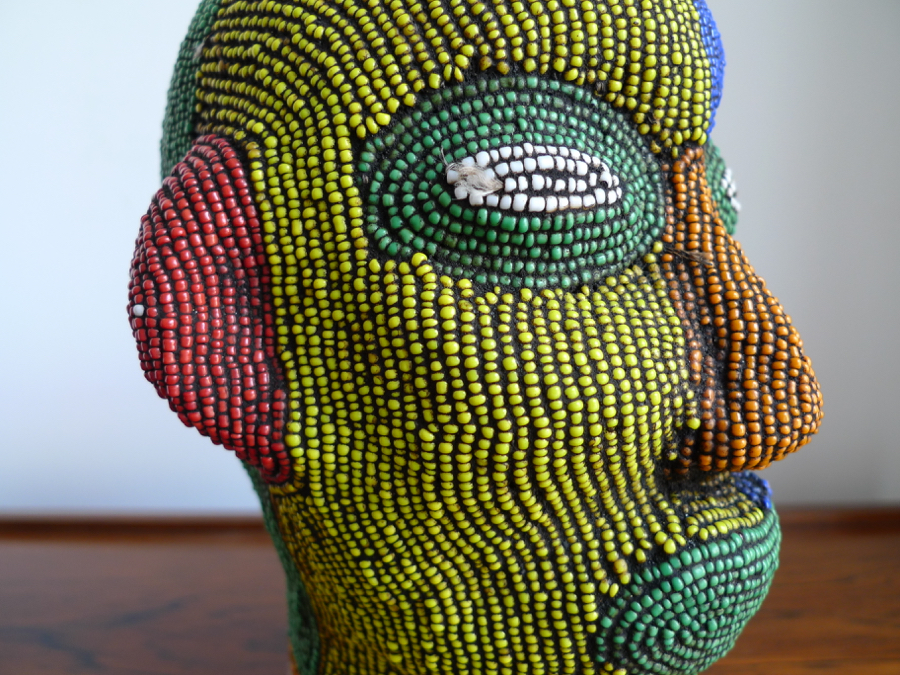 Vintage African Terracotta Beaded Head Sculpture, Bamileke, Cameroon