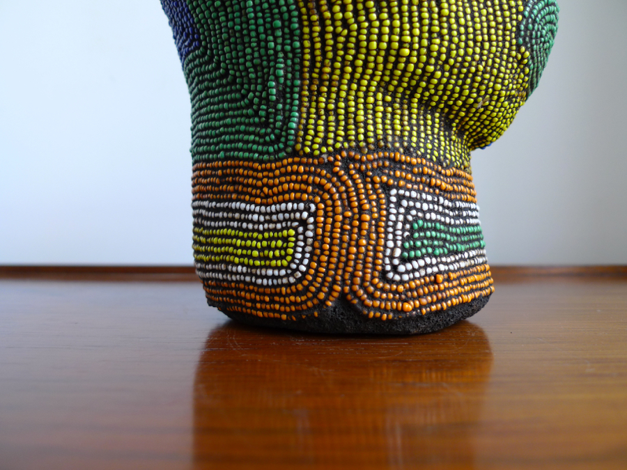 Vintage African Terracotta Beaded Head Sculpture, Bamileke, Cameroon