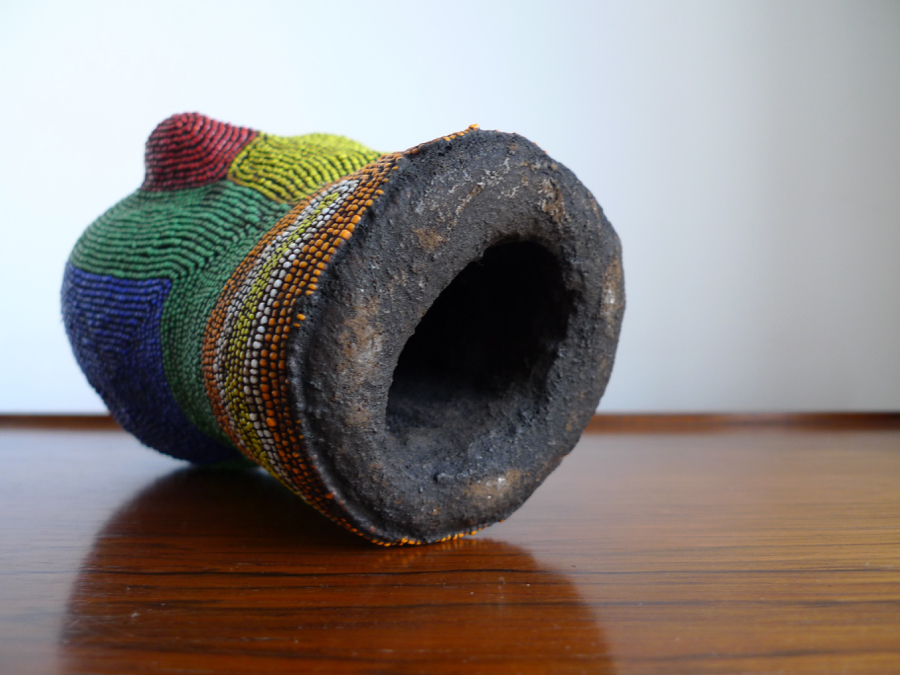 Vintage African Terracotta Beaded Head Sculpture, Bamileke, Cameroon