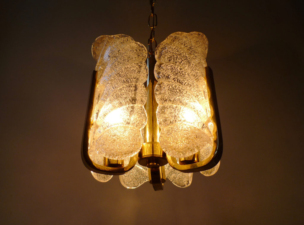 Carl Fagerlund Glass & Brass Pendant Light for Orrefors, Sweden 1960s