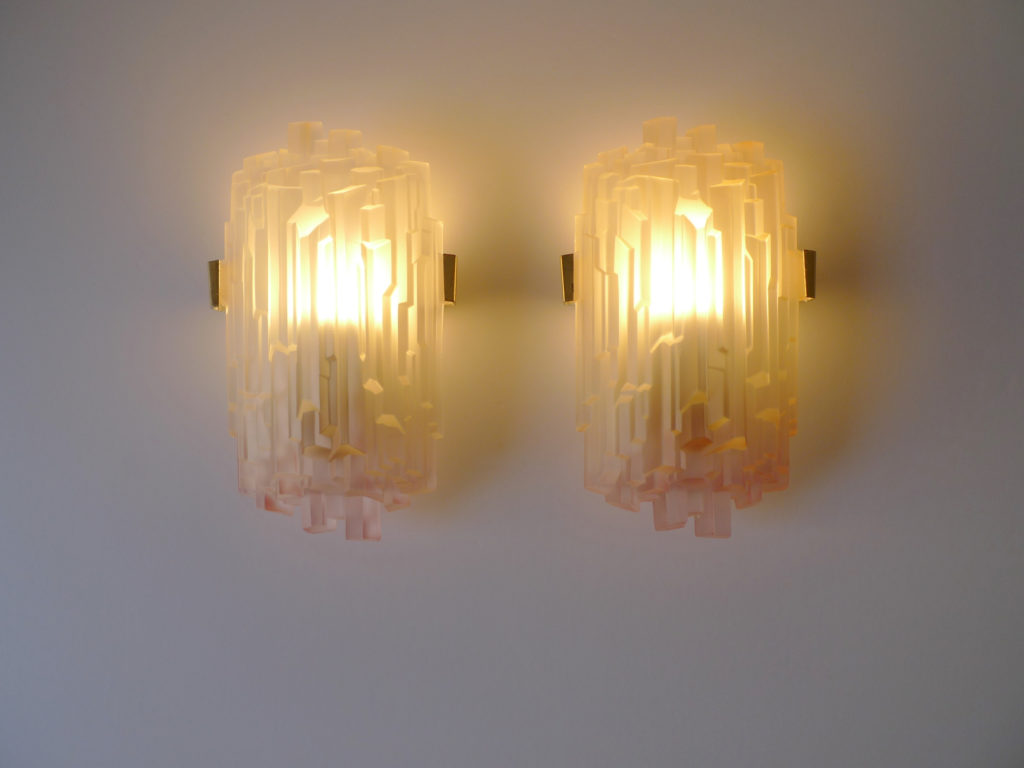 Mid-Century Frosted Icicle Glass & Brass Wall Sconces, 1960s