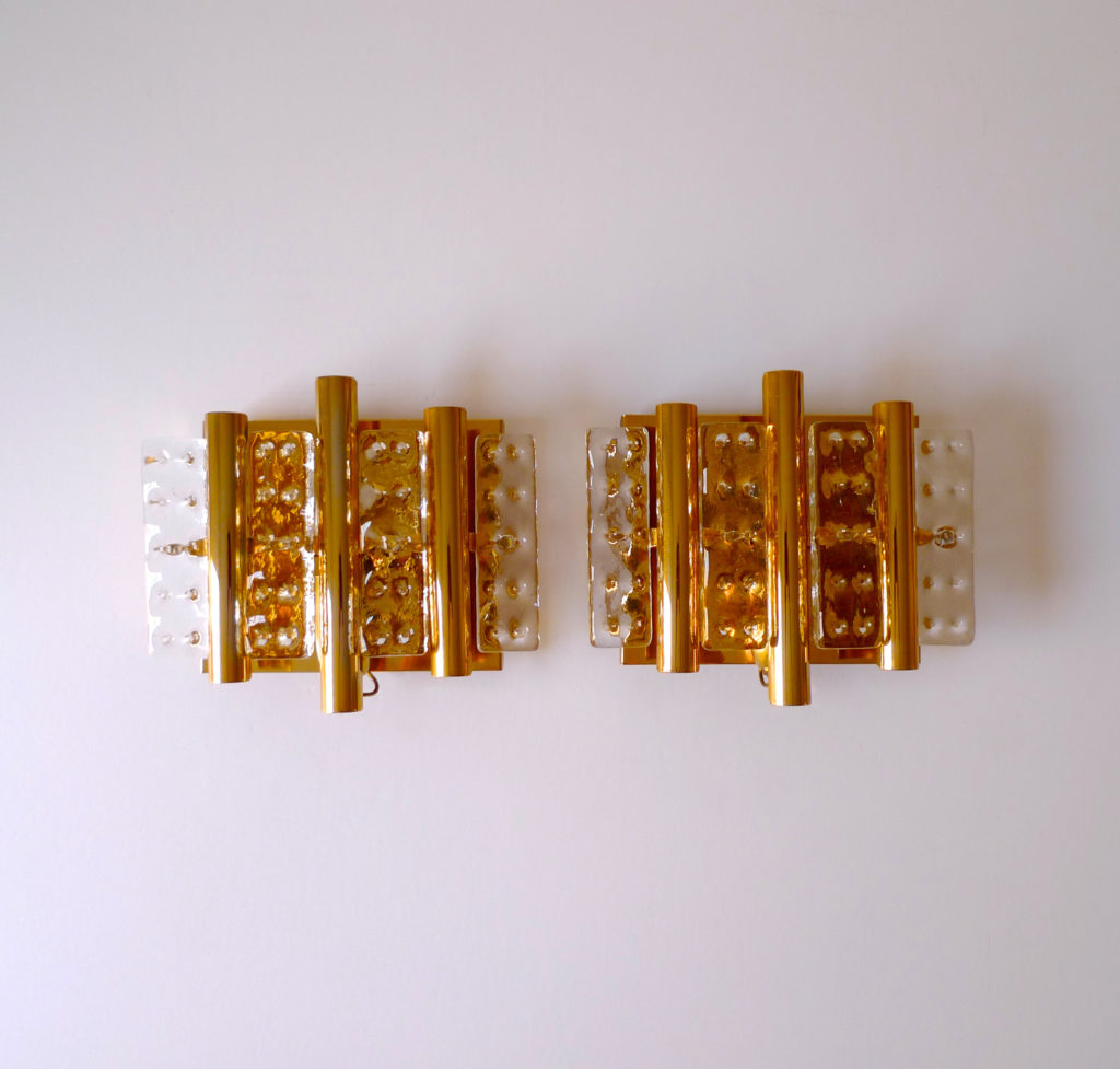 Pair of Hans-Agne Jakobsson Brass & Glass Sconces For Orrefors, 1970s