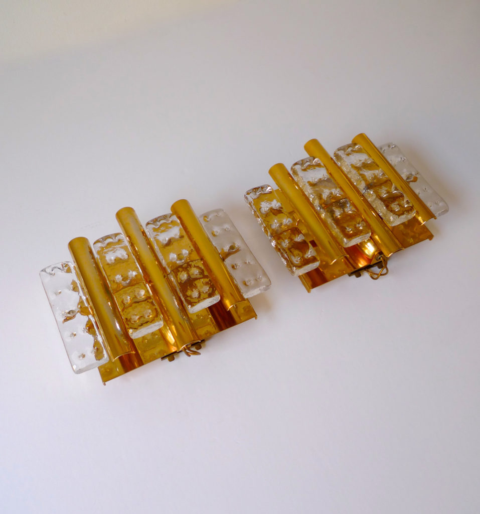 Pair of Hans-Agne Jakobsson Brass & Glass Sconces For Orrefors, 1970s