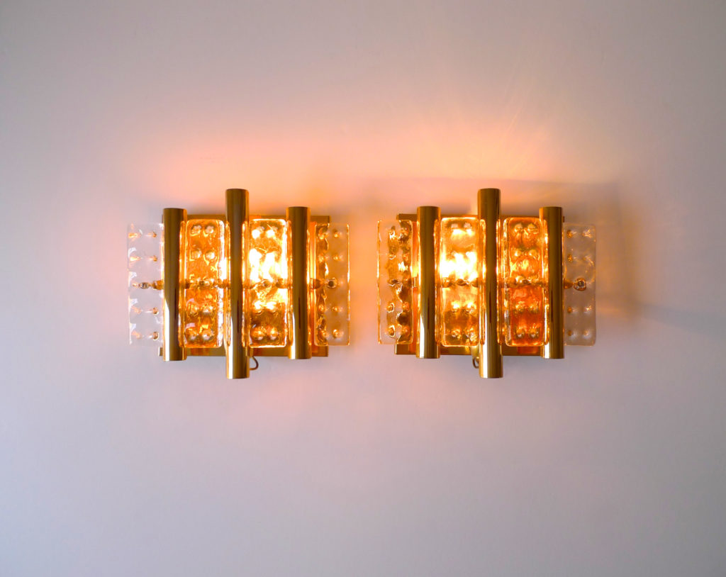 Pair of Hans-Agne Jakobsson Brass & Glass Sconces For Orrefors, 1970s