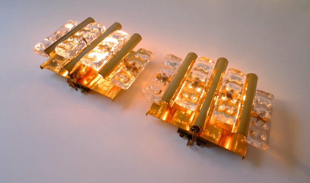 Pair of Hans-Agne Jakobsson Brass & Glass Sconces For Orrefors, 1970s
