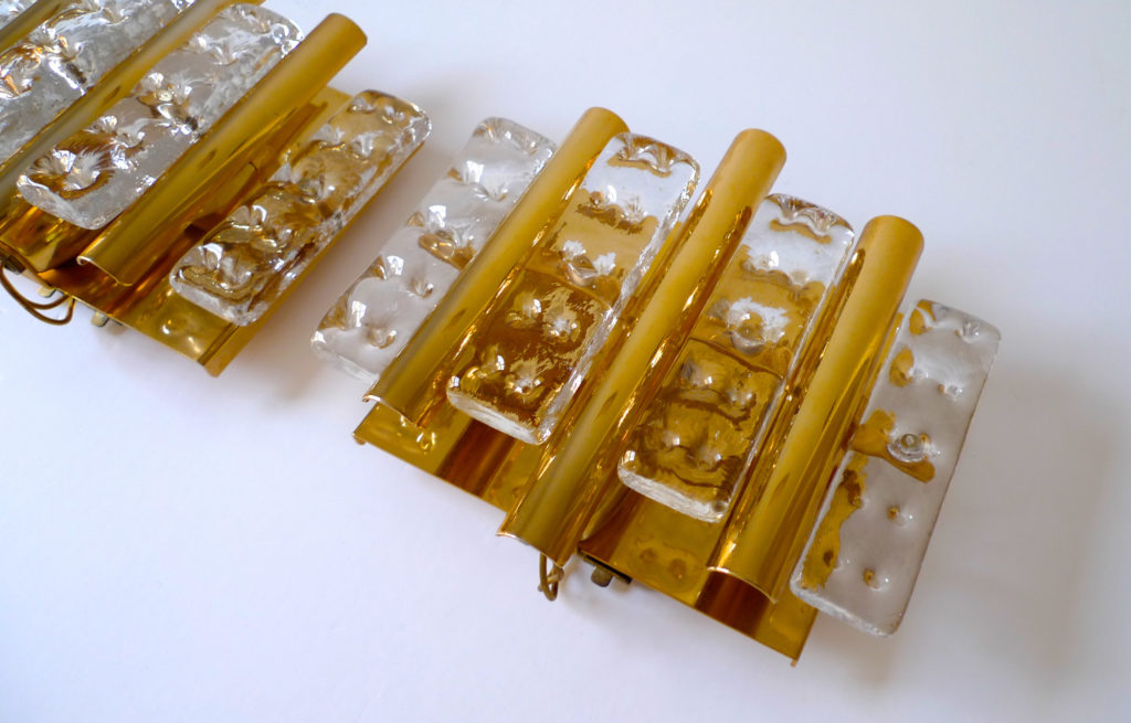 Pair of Hans-Agne Jakobsson Brass & Glass Sconces For Orrefors, 1970s
