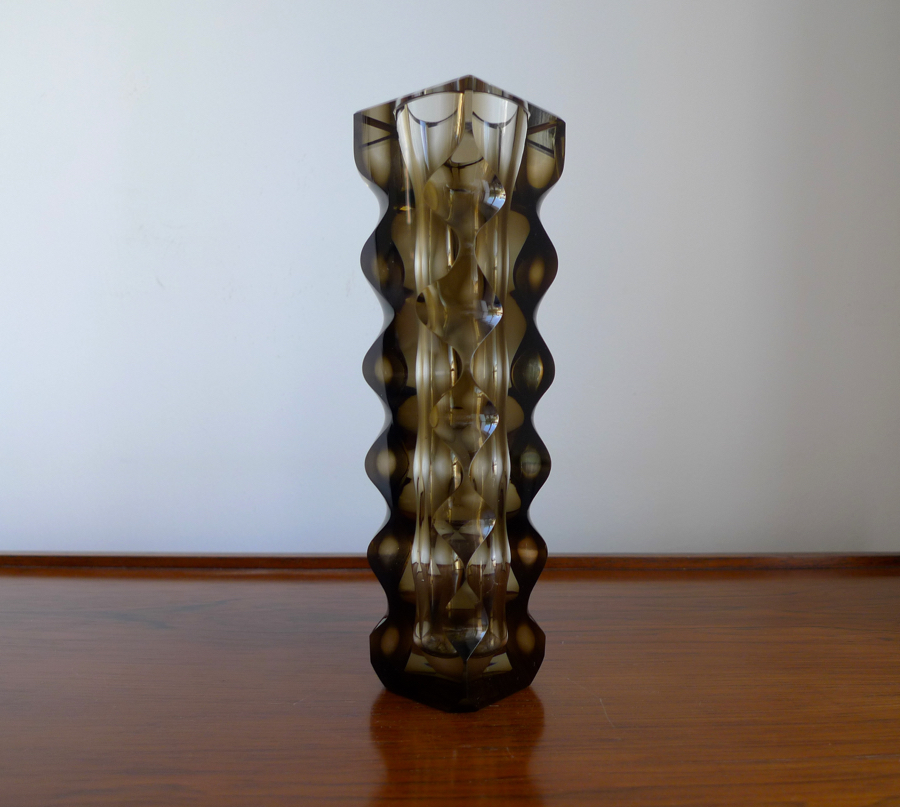 OLDRICH LIPSKY EXBOR SIGNED 1960'S FACETTED CUT GLASS VASE Czech
